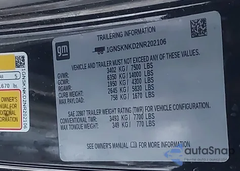 2022 Chevrolet Tahoe 4Wd Lt из США, поврежденный, VIN 1GNSKNKD2NR202106